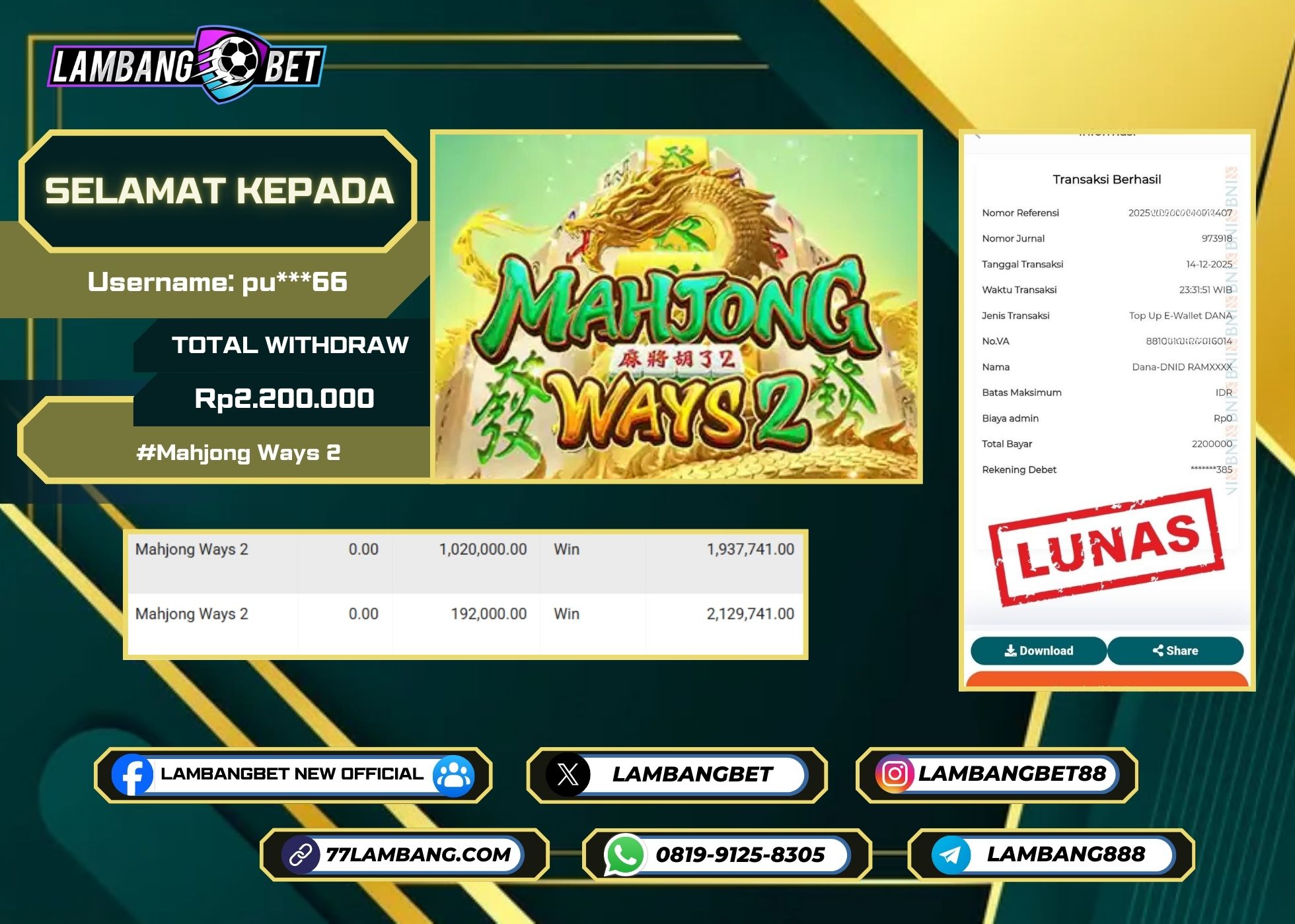 LAMBANGBET [14 DESEMBER 2025] JACKPOT SLOT Mahjong Ways 2 "Rp2.200.000" LUNAS
